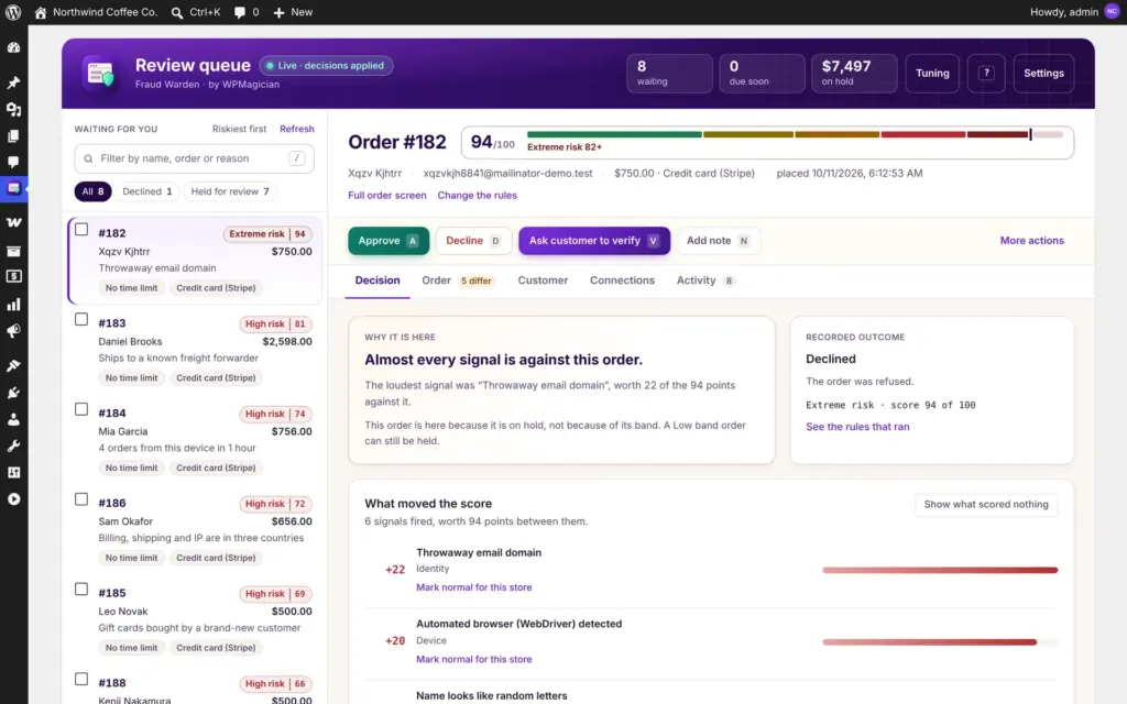 Fraud Warden screenshot: Review Queue