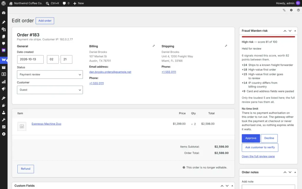 Fraud Warden screenshot: Order Risk Box