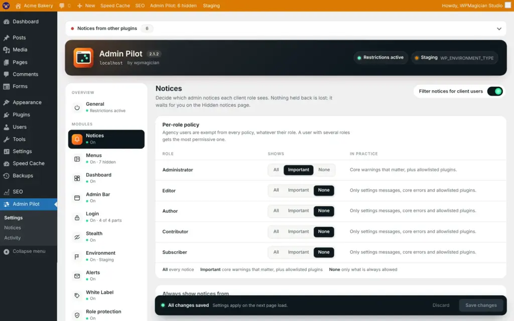 Admin Pilot screenshot: Notices per role
