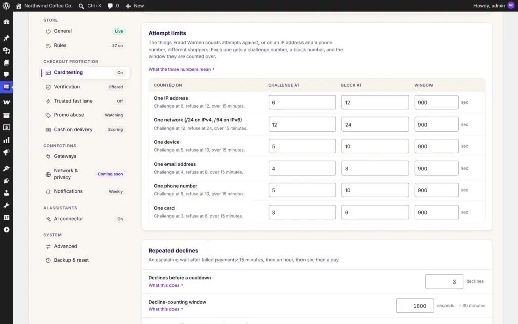 Fraud Warden screenshot: Attempt Limits