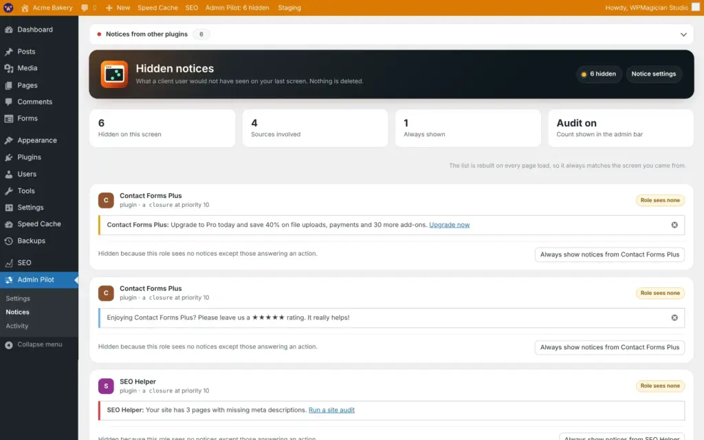 Admin Pilot screenshot: Hidden notices