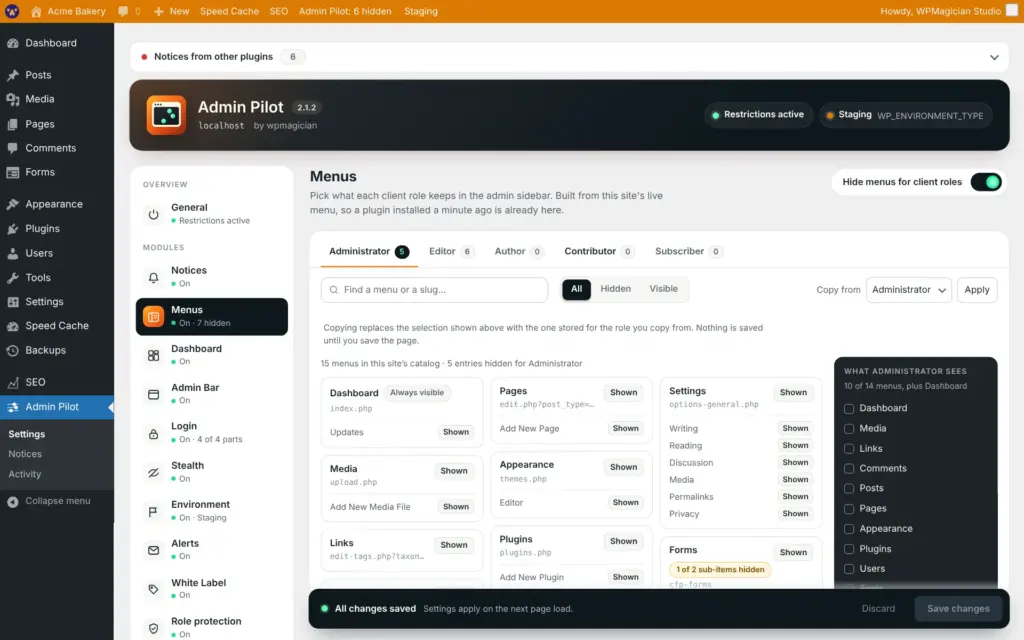Admin Pilot screenshot: Menus per role