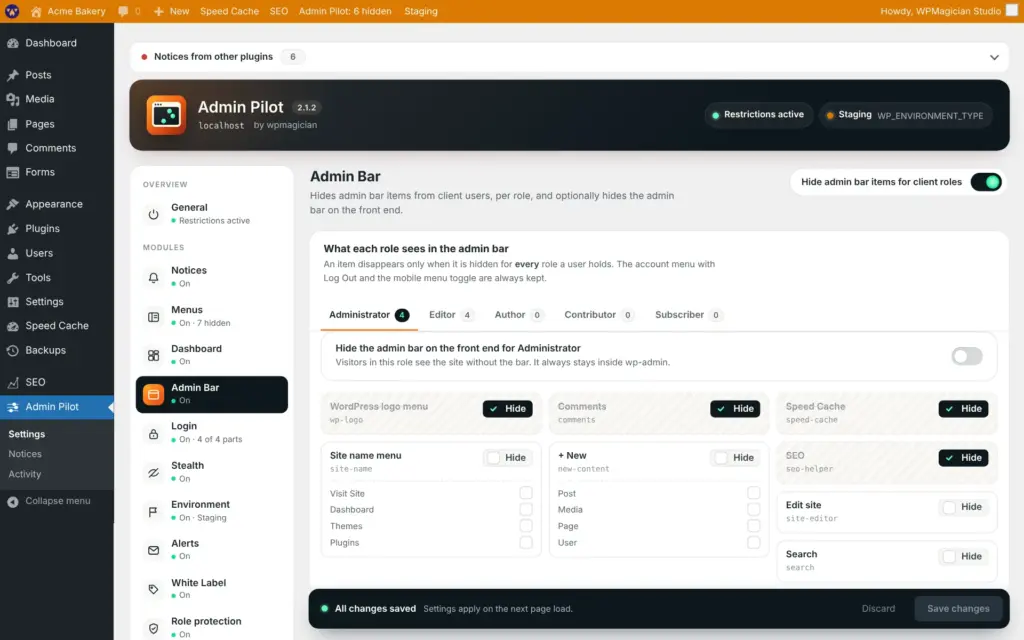 Admin Pilot screenshot: Admin bar per role