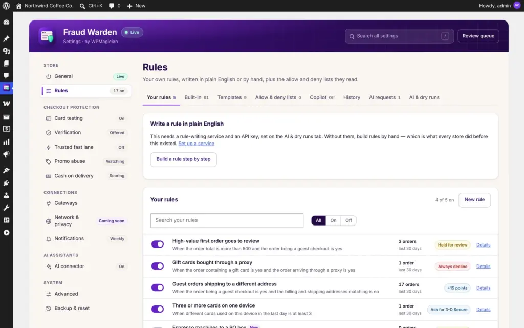 Fraud Warden screenshot: Your Rules
