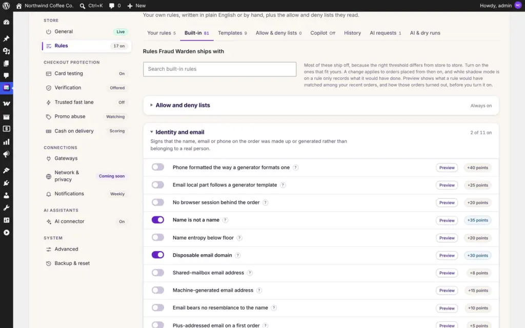Fraud Warden screenshot: Built In Rules