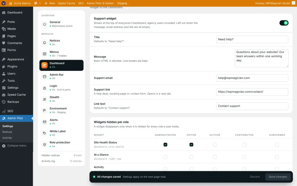 Admin Pilot screenshot: Dashboard widgets