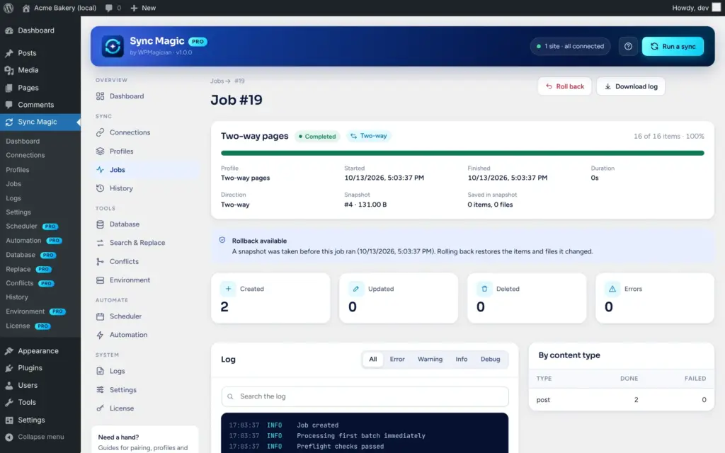 Sync Magic screenshot: Job detail and rollback
