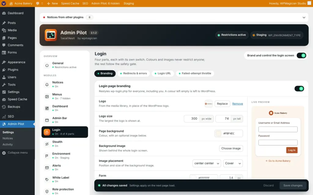 Admin Pilot screenshot: Login branding
