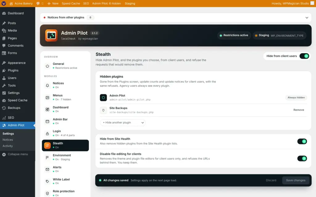 Admin Pilot screenshot: Stealth