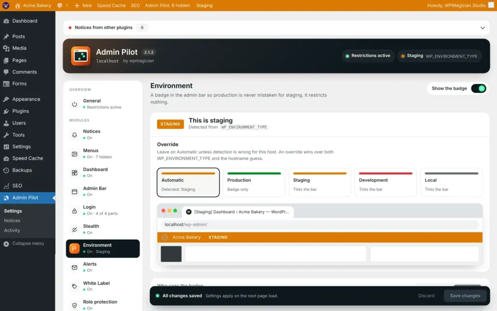 Admin Pilot screenshot: Environment badge