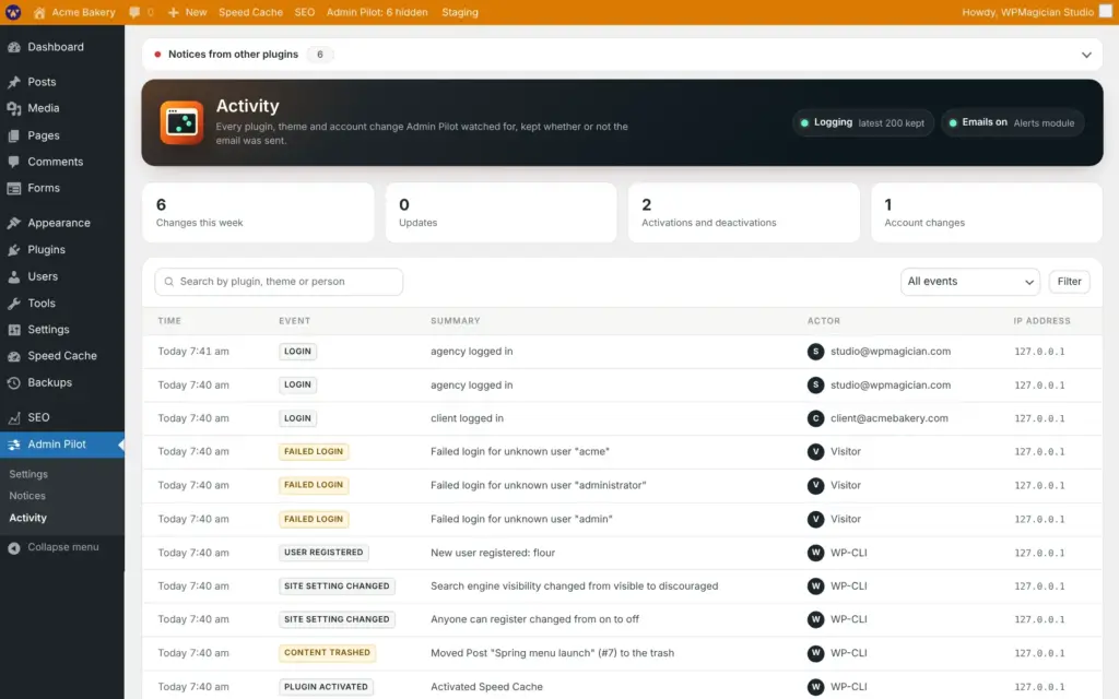 Admin Pilot screenshot: Activity log