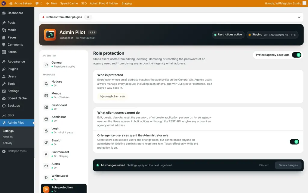 Admin Pilot screenshot: Role protection