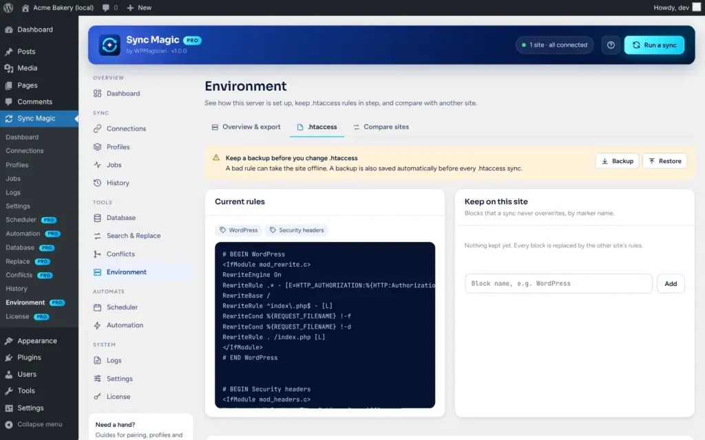 Sync Magic screenshot: .htaccess sync