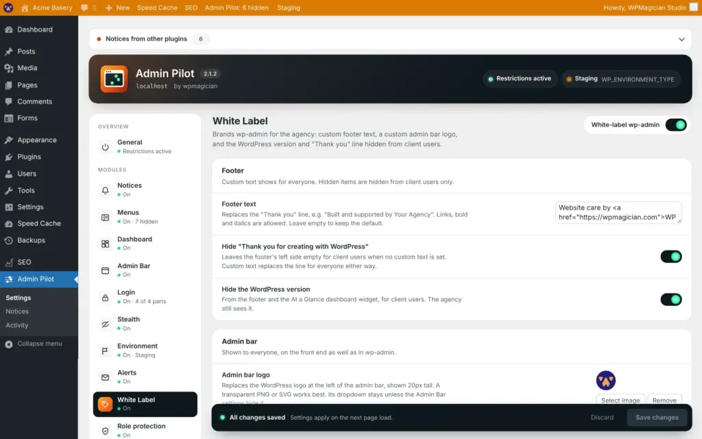 Admin Pilot screenshot: White label